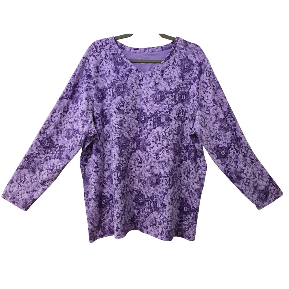 Catherines Liz & Me Cottage Purple Floral Lace Print V-Neck Long Sleeve Top‎ 1X